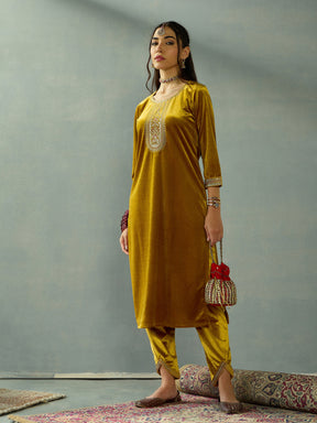 Mustard Velvet Embroidered Kurta With Tulip Pants-Shae by SASSAFRAS