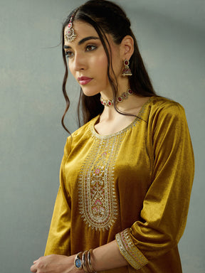 Mustard Velvet Embroidered Kurta With Tulip Pants-Shae by SASSAFRAS