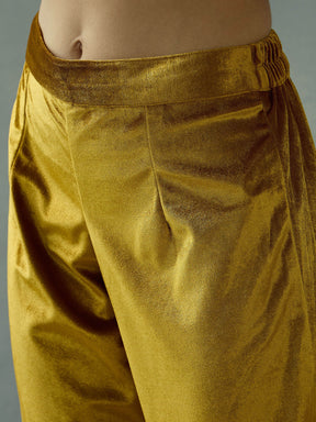 Mustard Velvet Embroidered Kurta With Tulip Pants-Shae by SASSAFRAS