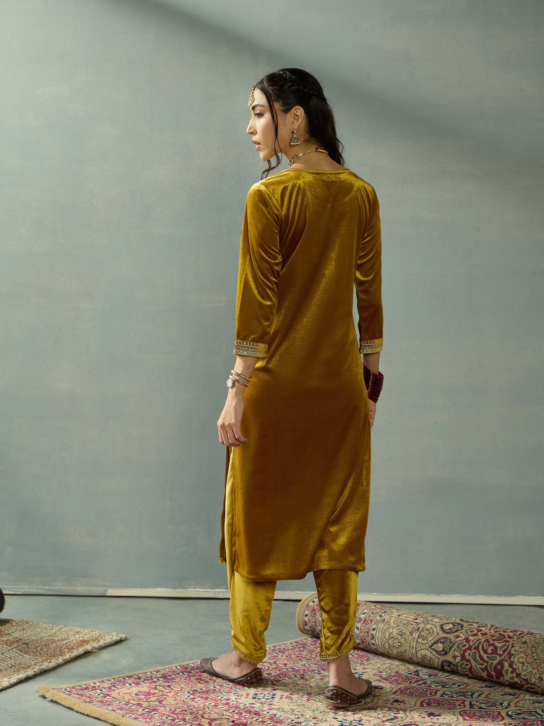 Mustard Velvet Embroidered Kurta With Tulip Pants-Shae by SASSAFRAS