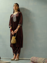 Brown Velvet Embroidered Kurta With Tulip Pants-Shae by SASSAFRAS