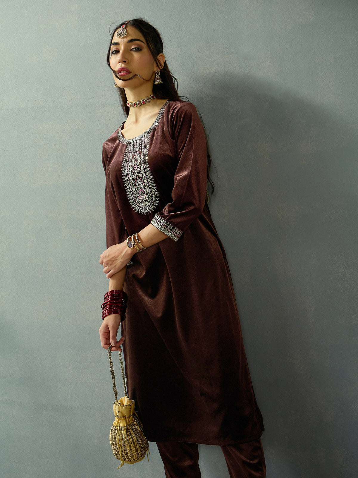 Brown Velvet Embroidered Kurta With Tulip Pants-Shae by SASSAFRAS