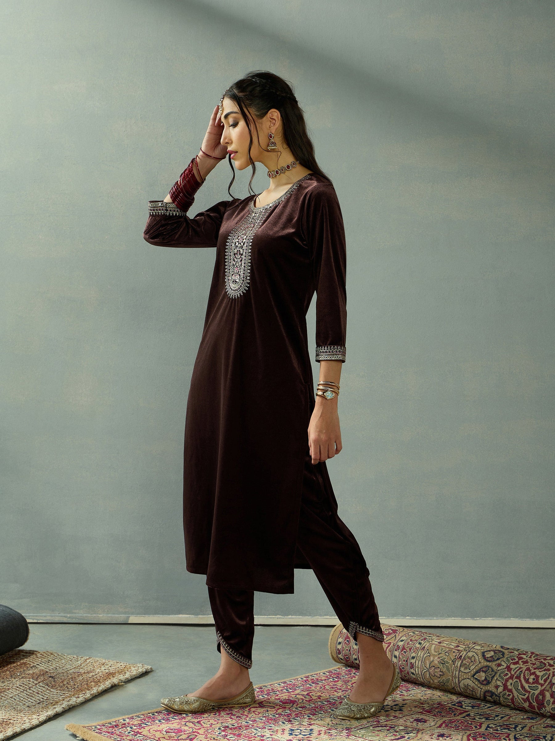 Brown Velvet Embroidered Kurta With Tulip Pants-Shae by SASSAFRAS