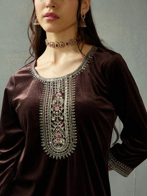 Brown Velvet Embroidered Kurta With Tulip Pants-Shae by SASSAFRAS