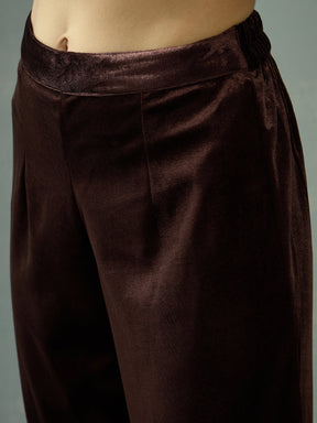 Brown Velvet Embroidered Kurta With Tulip Pants-Shae by SASSAFRAS