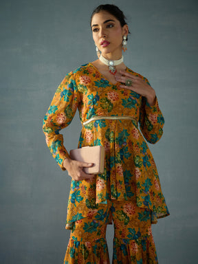 Yellow Floral High Low Peplum Top With Sharara Pants -Shae by SASSAFRAS