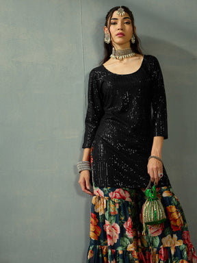 Black Sequence Short Kurta With Sharara Pants-Shae by SASSAFRAS