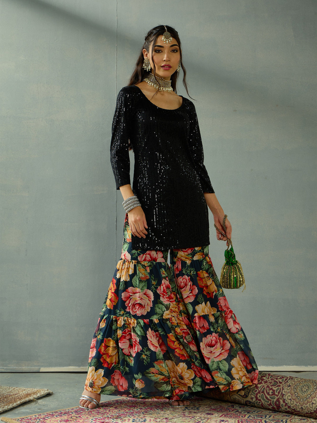 Black Sequence Short Kurta With Sharara Pants-Shae by SASSAFRAS