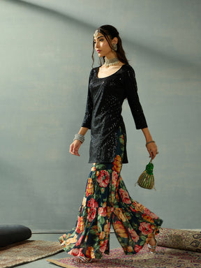 Black Sequence Short Kurta With Sharara Pants-Shae by SASSAFRAS