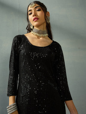 Black Sequence Short Kurta With Sharara Pants-Shae by SASSAFRAS