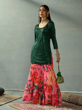 Green Sequence Short Kurta With Sharara Pants-Shae by SASSAFRAS