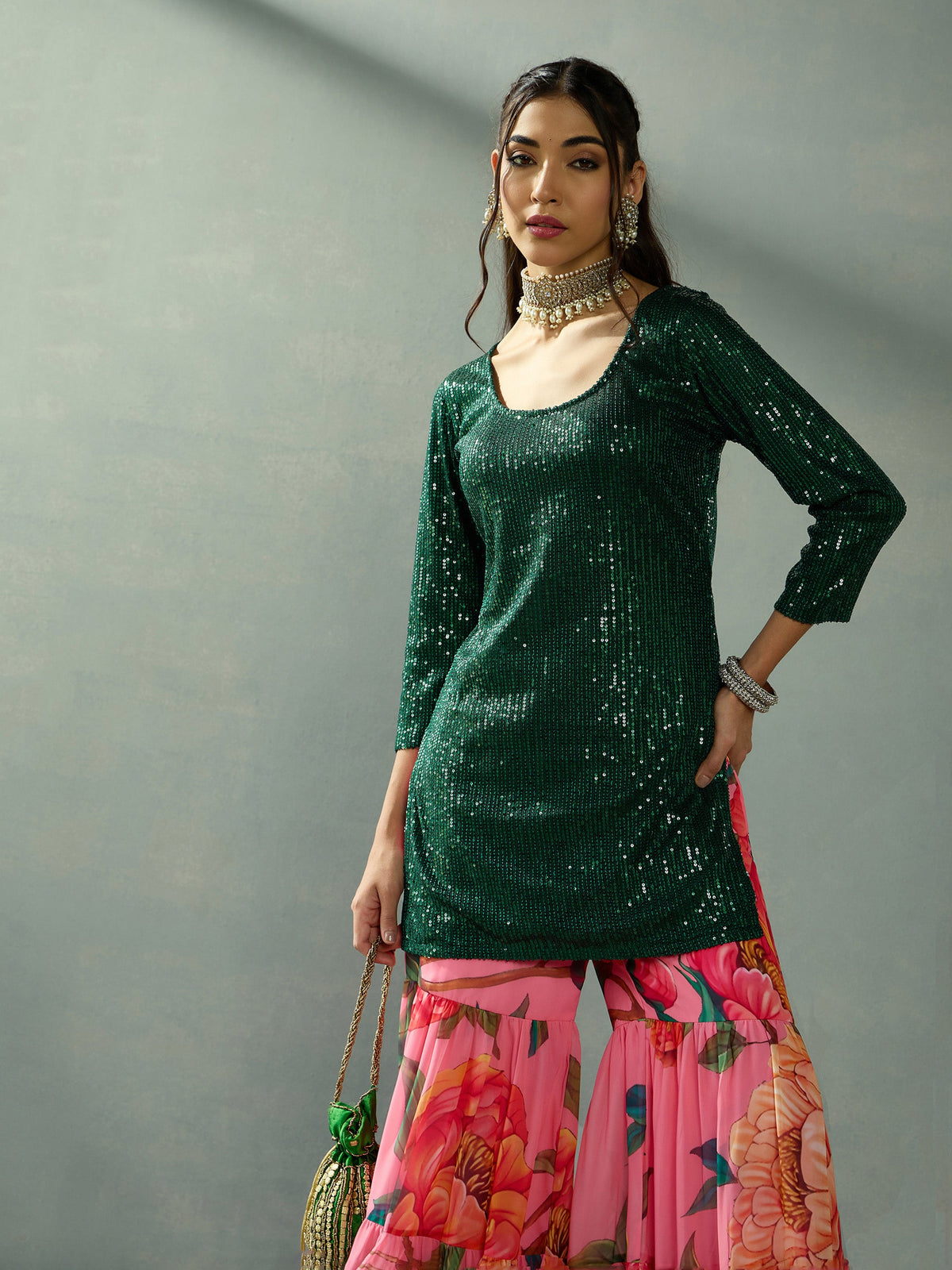 Green Sequence Short Kurta With Sharara Pants-Shae by SASSAFRAS