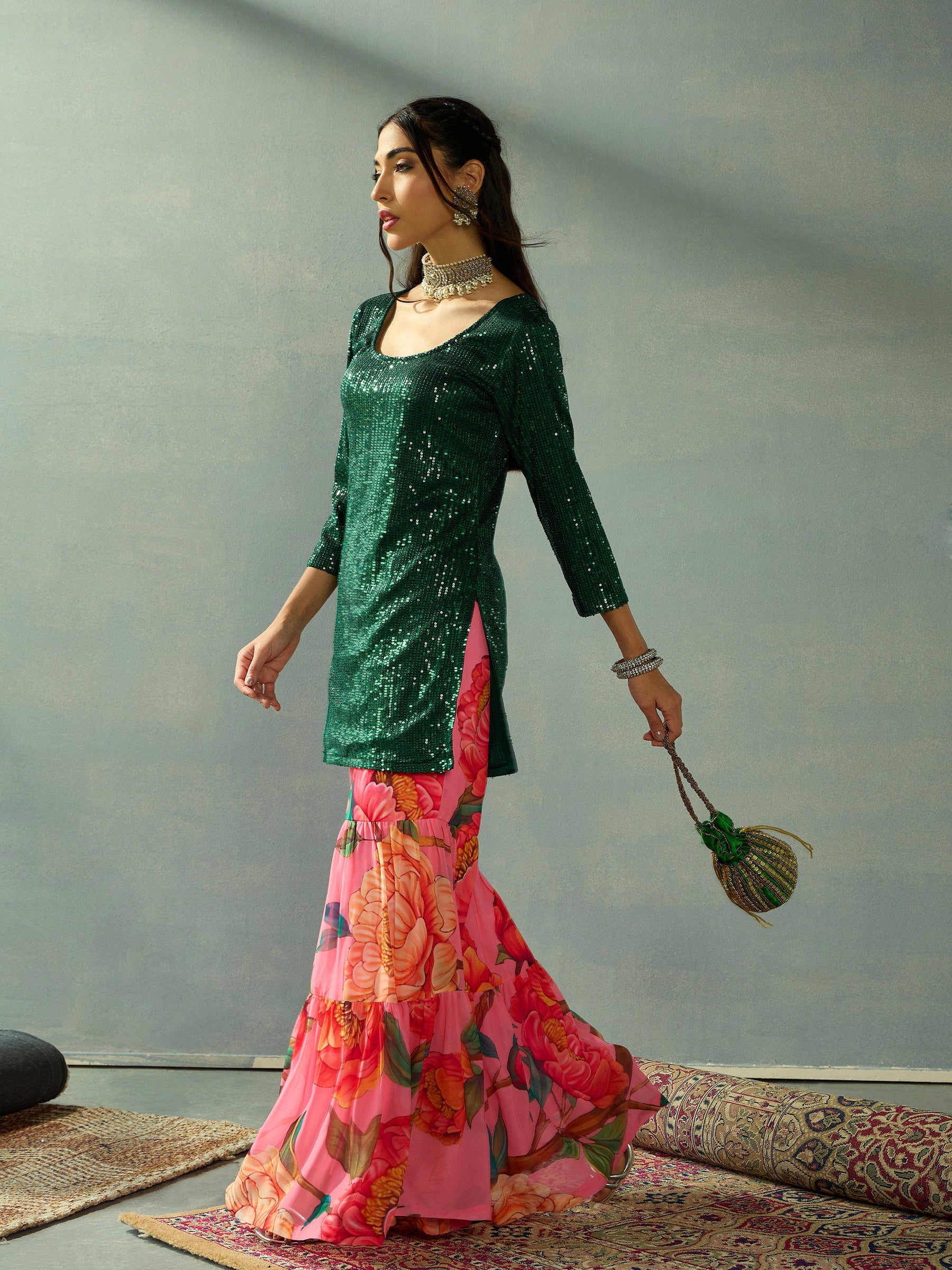 Green Sequence Short Kurta With Sharara Pants-Shae by SASSAFRAS