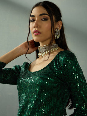 Green Sequence Short Kurta With Sharara Pants-Shae by SASSAFRAS