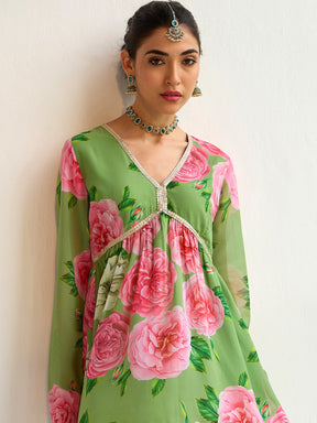 Green Floral Peplum Top With Bais Flared Sharara-Shae by SASSAFRAS