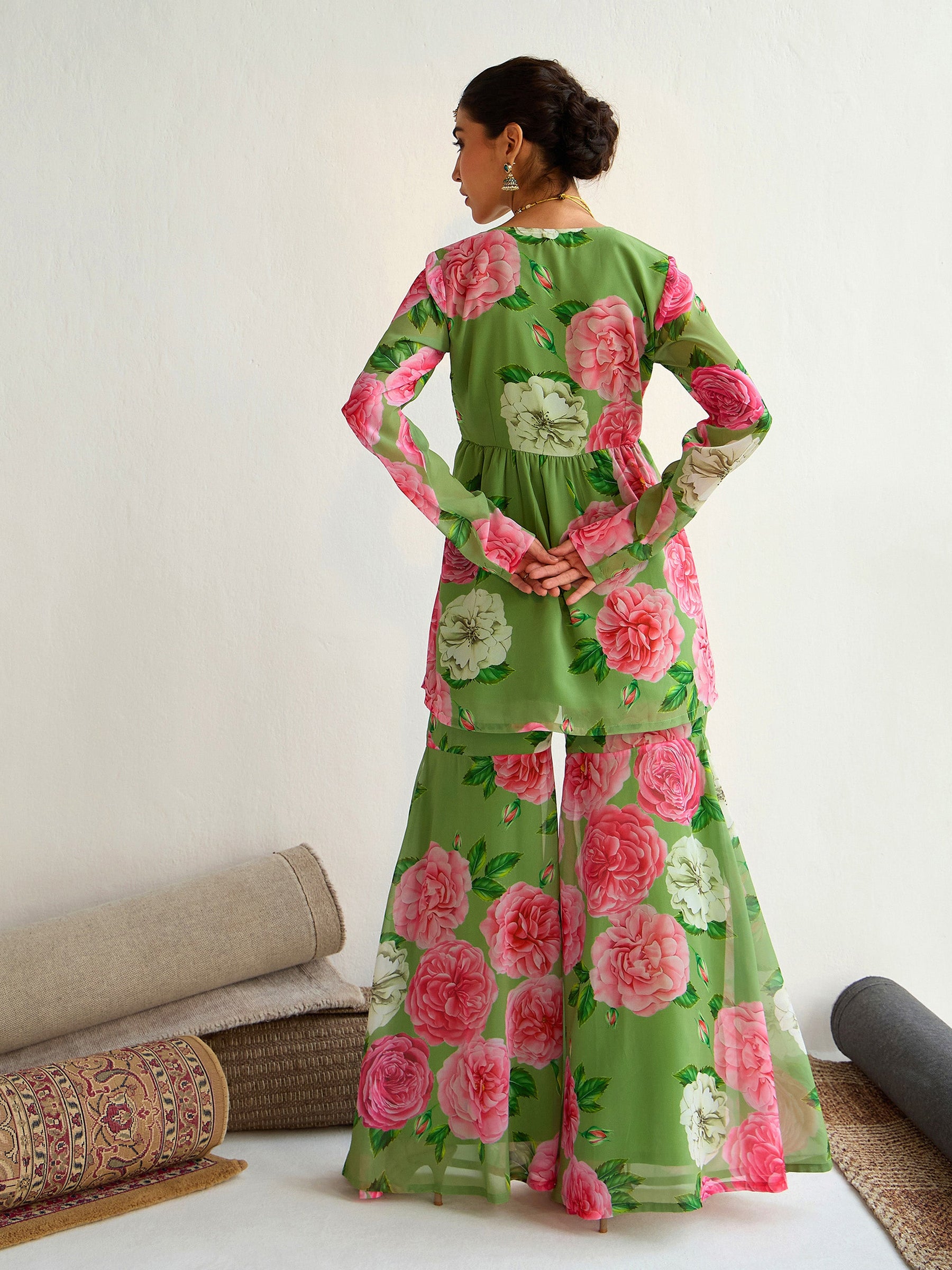 Green Floral Peplum Top With Bais Flared Sharara-Shae by SASSAFRAS