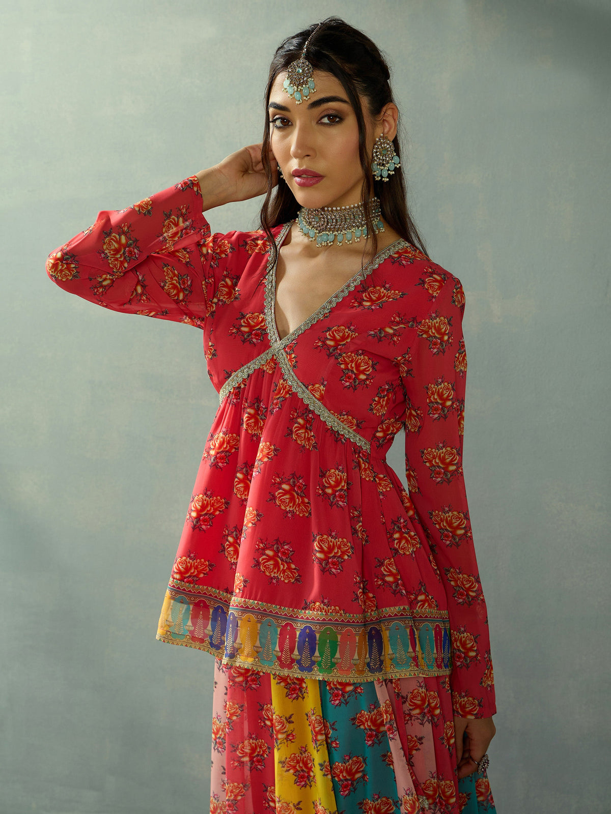 Red Multi Color Peplum Top With Anarkali Skirt -Shae by SASSAFRAS