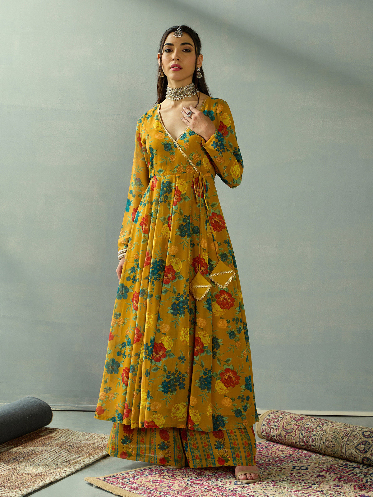 Mustard Floral Wrap Anarkali Kurta With Straight Pants-Shae by SASSAFRAS