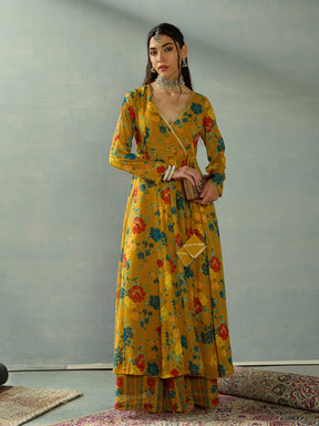 Mustard Floral Wrap Anarkali Kurta With Straight Pants-Shae by SASSAFRAS