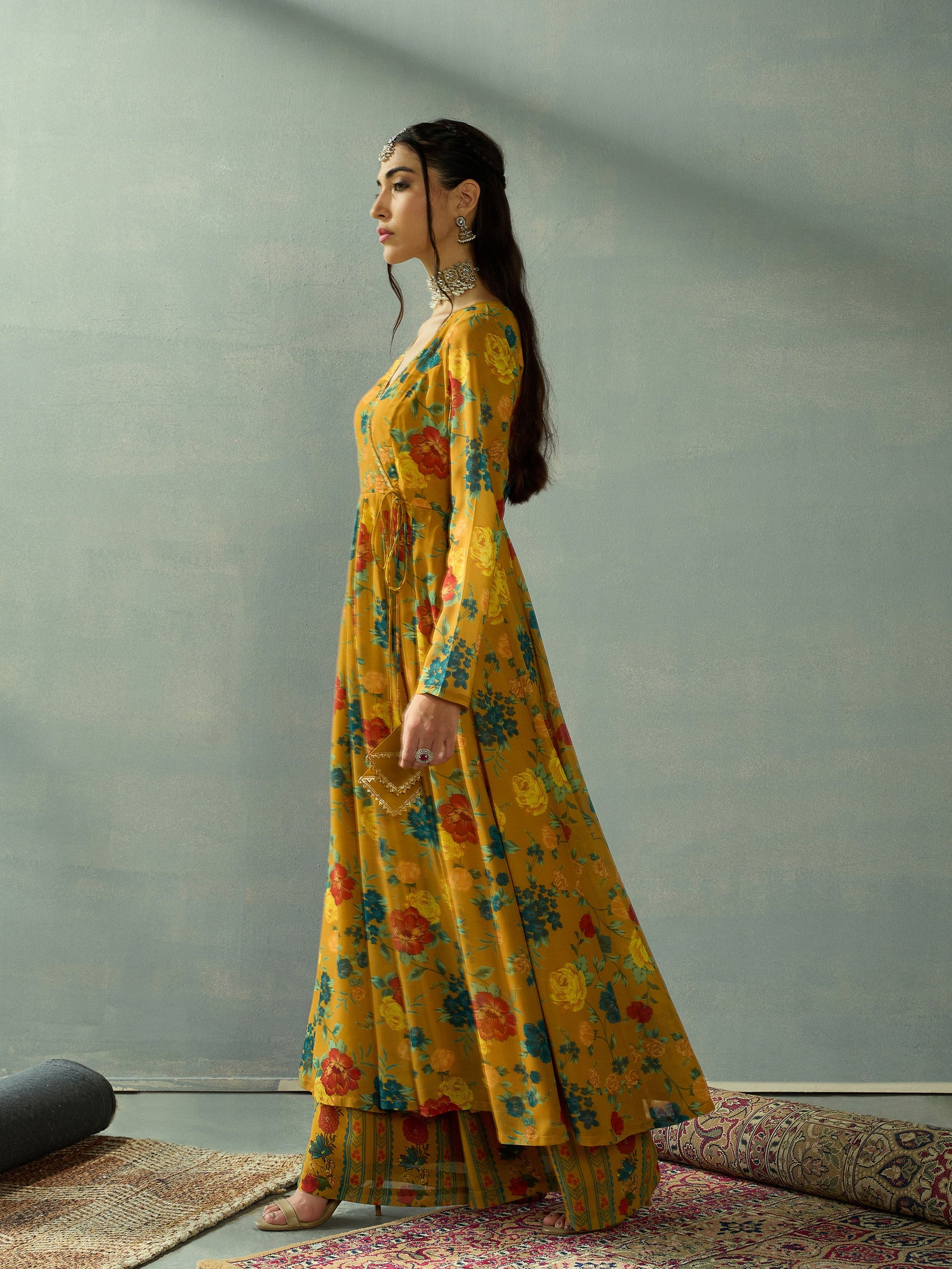 Mustard Floral Wrap Anarkali Kurta With Straight Pants-Shae by SASSAFRAS