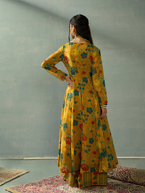 Mustard Floral Wrap Anarkali Kurta With Straight Pants-Shae by SASSAFRAS