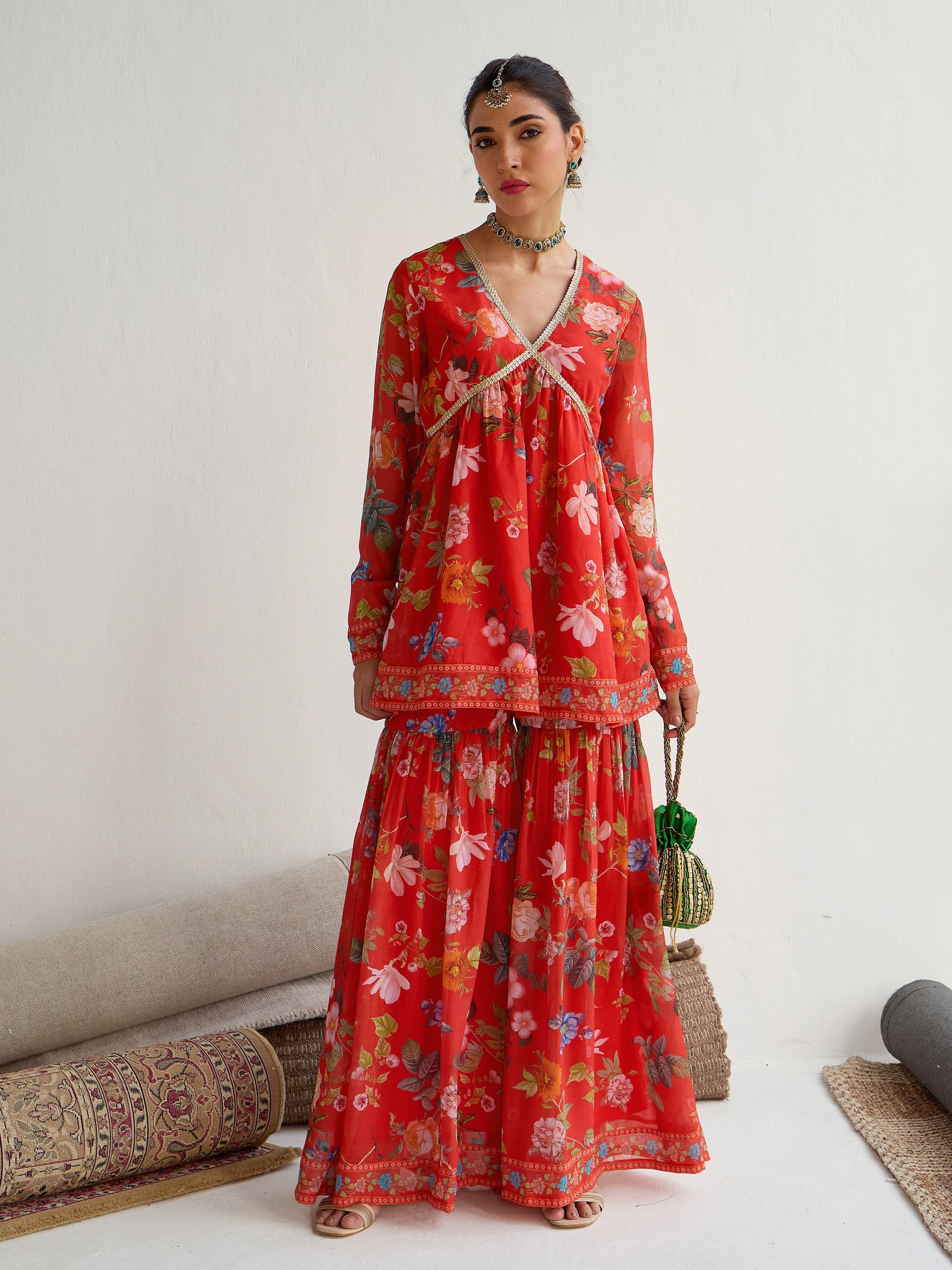 Red Floral Peplum Top With Sharara -Shae by SASSAFRAS