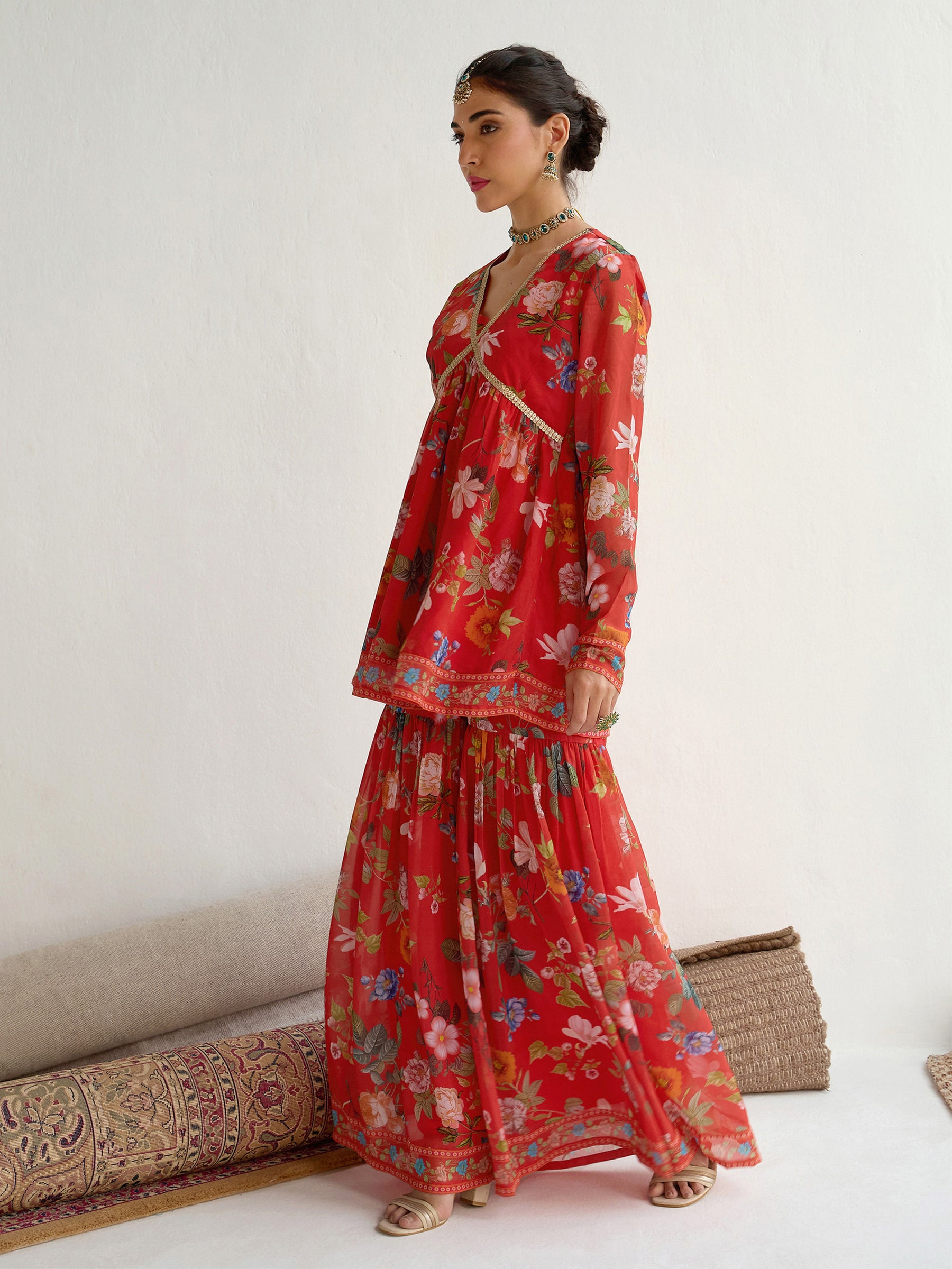 Women Red Floral Peplum Top With Sharara