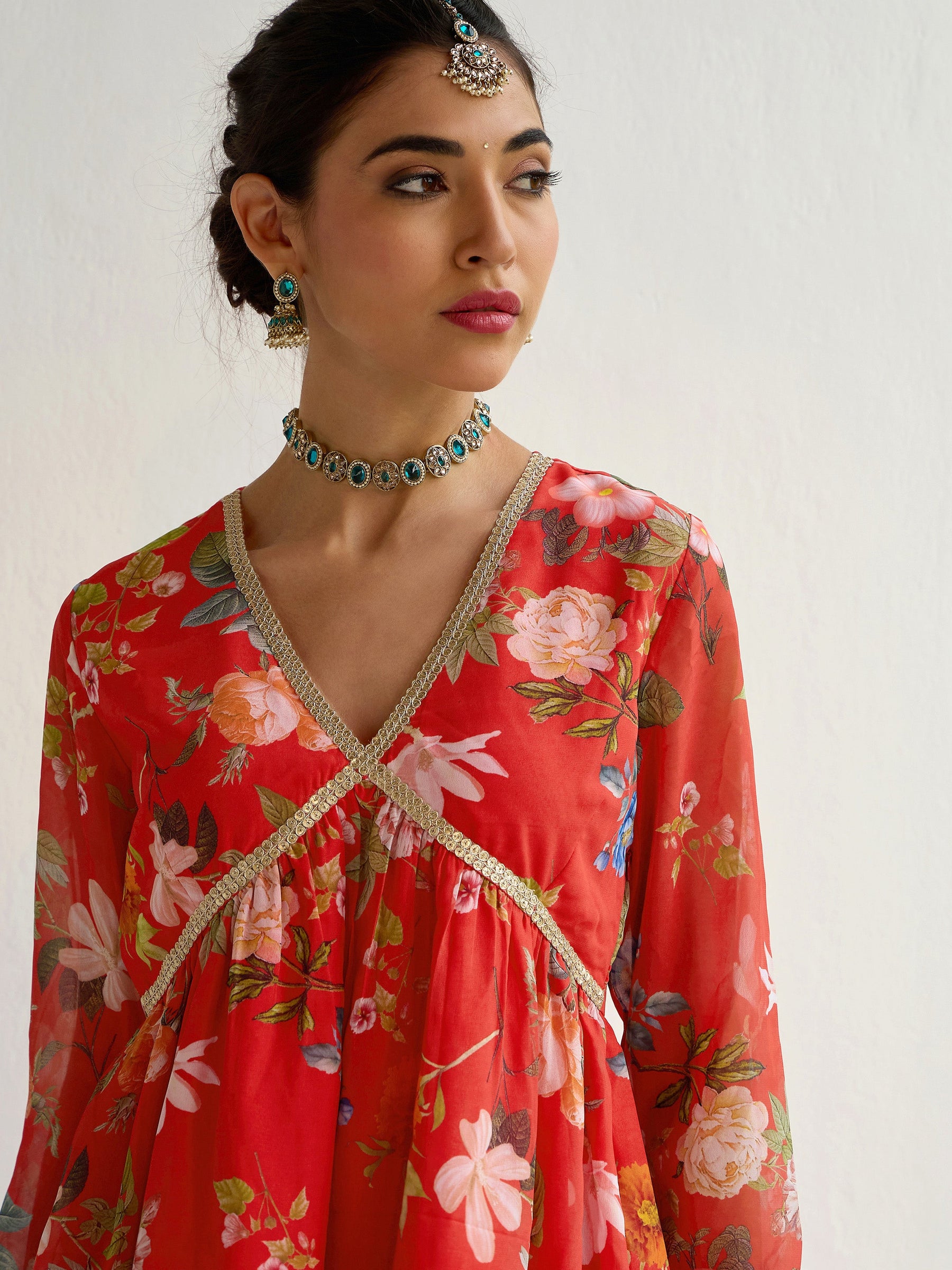 Red Floral Peplum Top With Sharara -Shae by SASSAFRAS