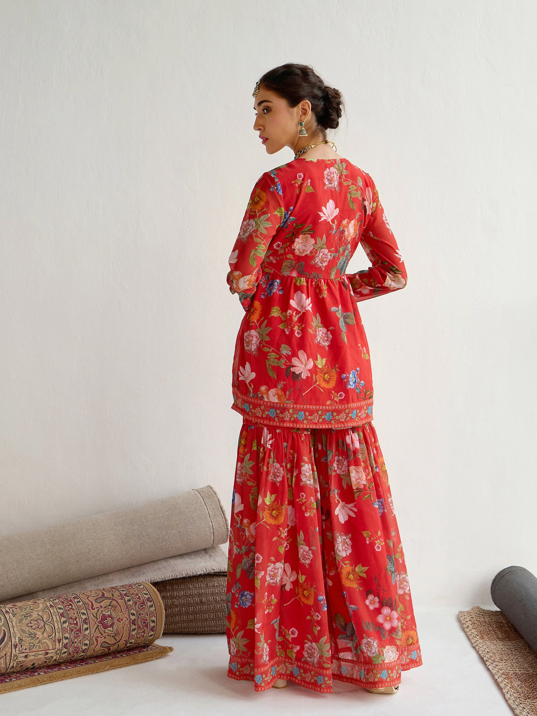 Women Red Floral Peplum Top With Sharara