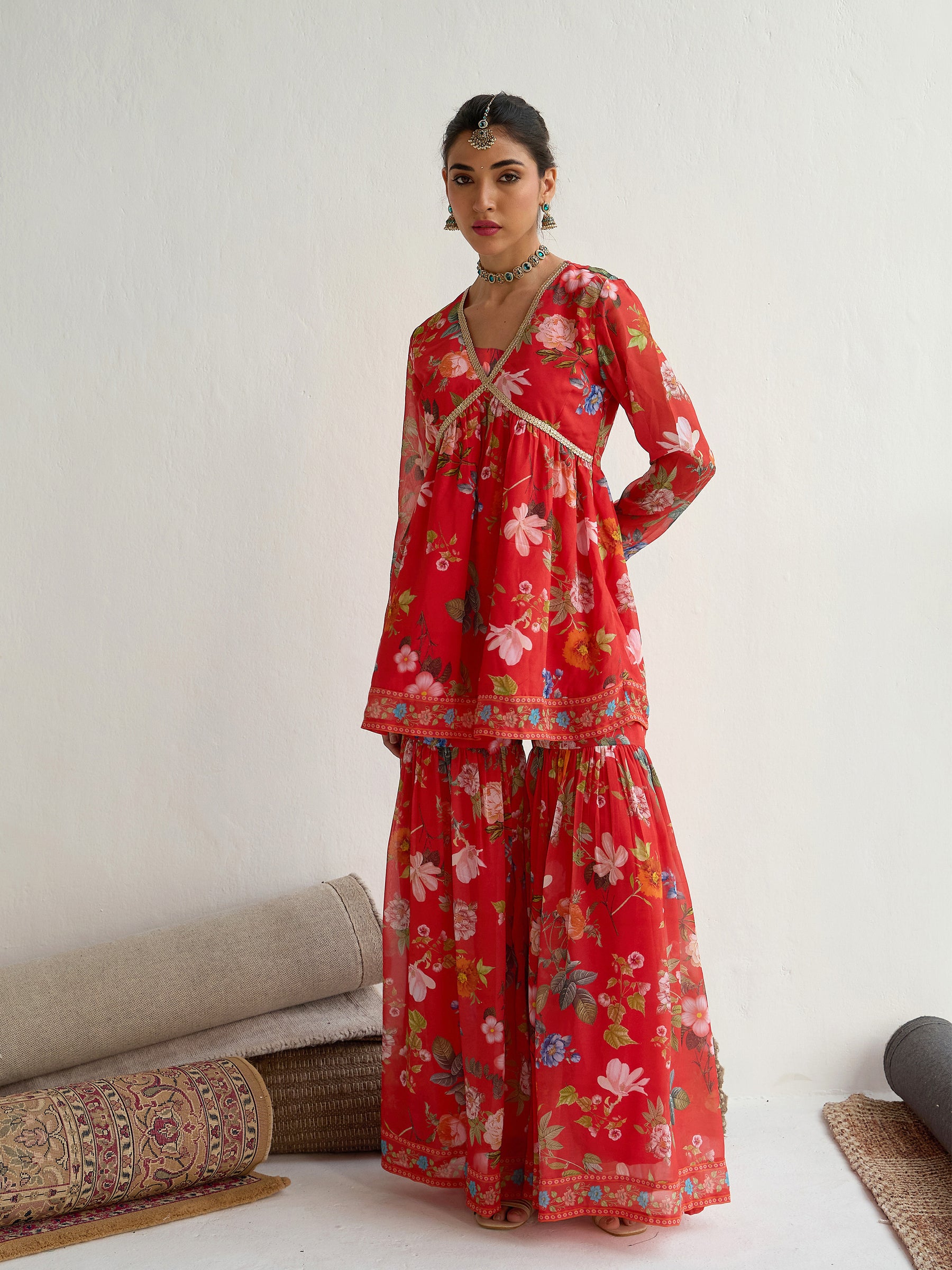 Women Red Floral Peplum Top With Sharara