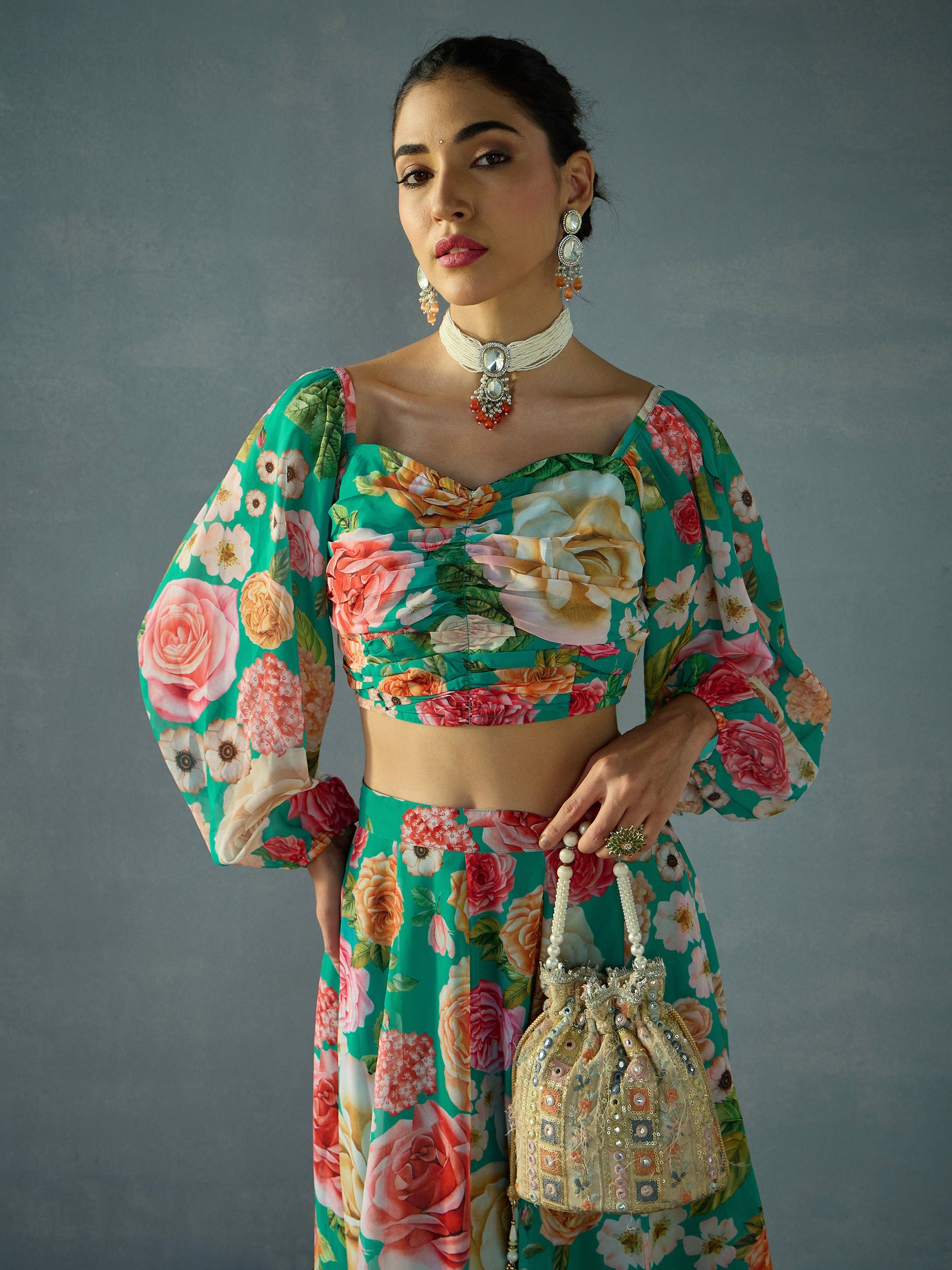 Green Floral Ruching Top With Anarkali Skirt -Shae by SASSAFRAS