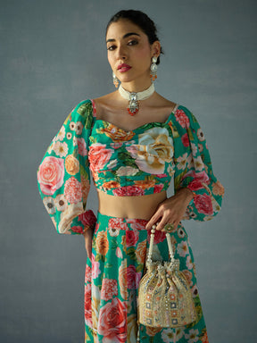 Green Floral Ruching Top With Anarkali Skirt -Shae by SASSAFRAS