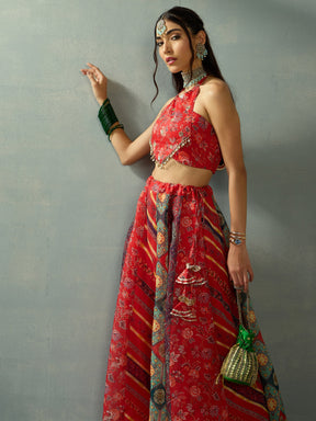 Red Halter Neck Crop Top With Anarkali Skirt-Shae by SASSAFRAS