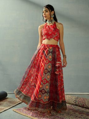 Red Halter Neck Crop Top With Anarkali Skirt-Shae by SASSAFRAS