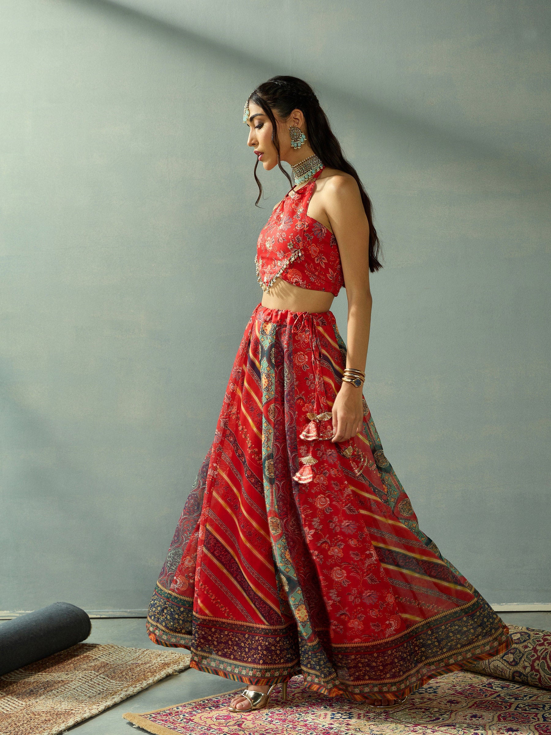 Red Halter Neck Crop Top With Anarkali Skirt-Shae by SASSAFRAS