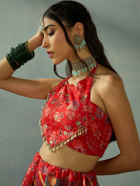 Red Halter Neck Crop Top With Anarkali Skirt-Shae by SASSAFRAS