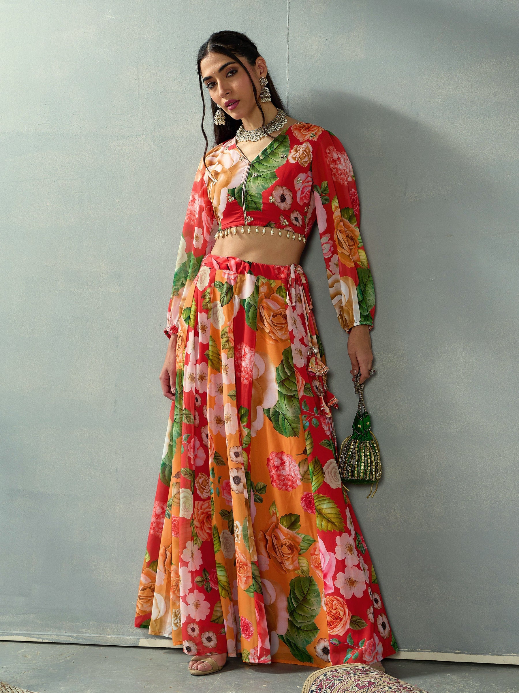 Red Floral V Neck Crop Top With Anarkali Skirt -Shae by SASSAFRAS