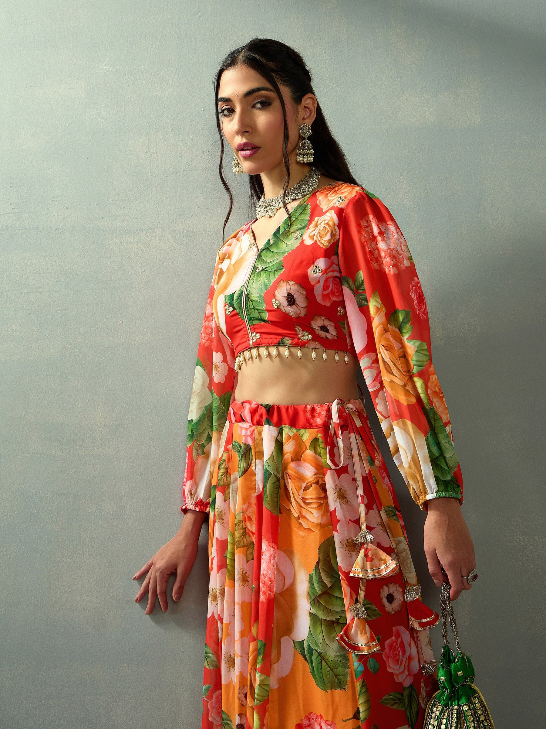 Red Floral V Neck Crop Top With Anarkali Skirt -Shae by SASSAFRAS