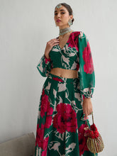 Green & Red Floral Wrap Top With Anarkali Skirt -Shae by SASSAFRAS