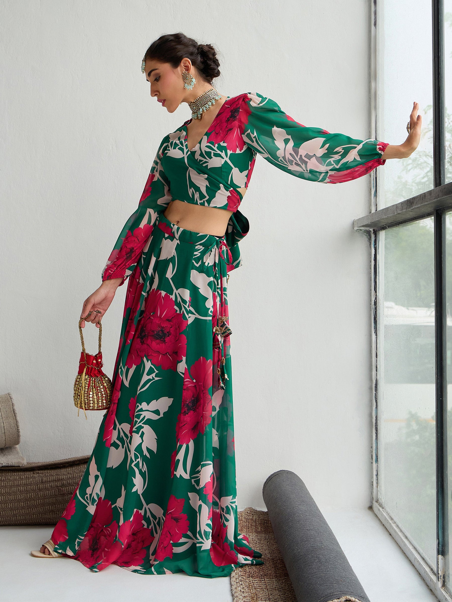 Green & Red Floral Wrap Top With Anarkali Skirt -Shae by SASSAFRAS