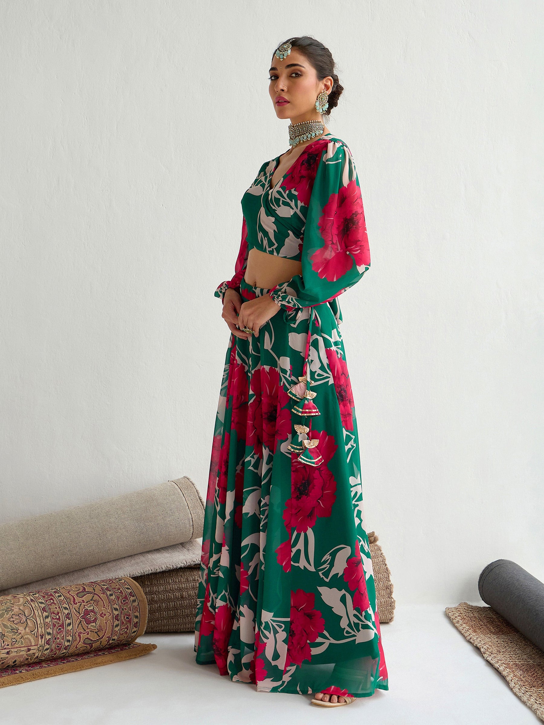 Green & Red Floral Wrap Top With Anarkali Skirt -Shae by SASSAFRAS