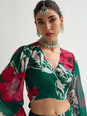 Green & Red Floral Wrap Top With Anarkali Skirt -Shae by SASSAFRAS