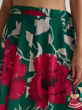 Green & Red Floral Wrap Top With Anarkali Skirt -Shae by SASSAFRAS