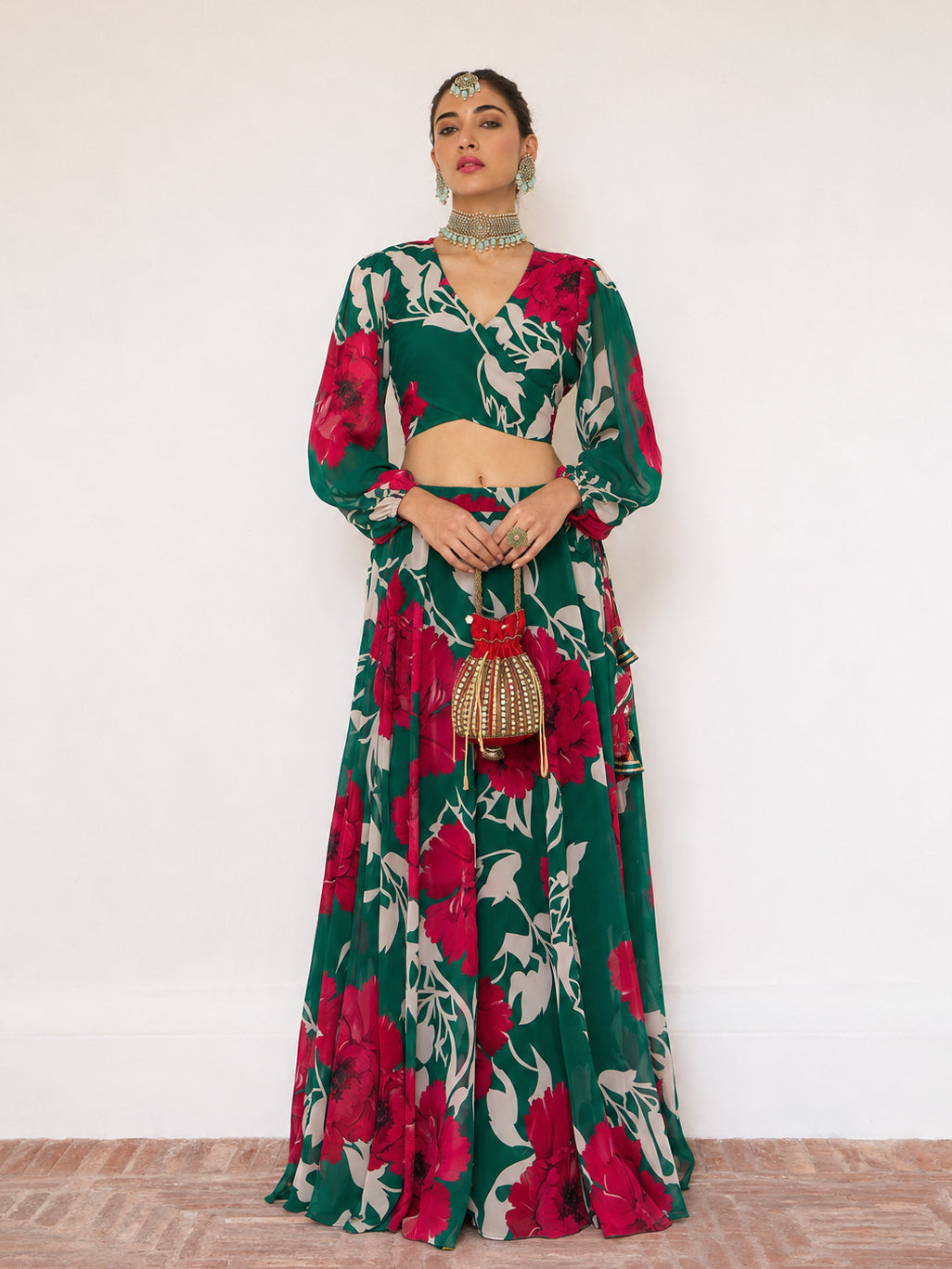Green & Red Floral Wrap Top With Anarkali Skirt -Shae by SASSAFRAS