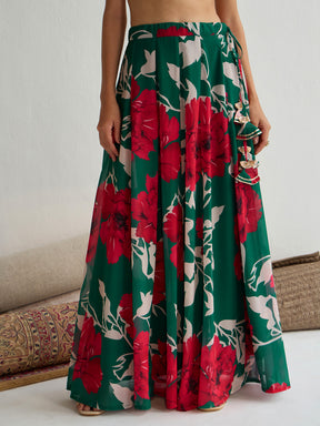 Women Green & Red Floral Wrap Top With Anarkali Skirt