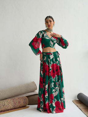 Women Green & Red Floral Wrap Top With Anarkali Skirt