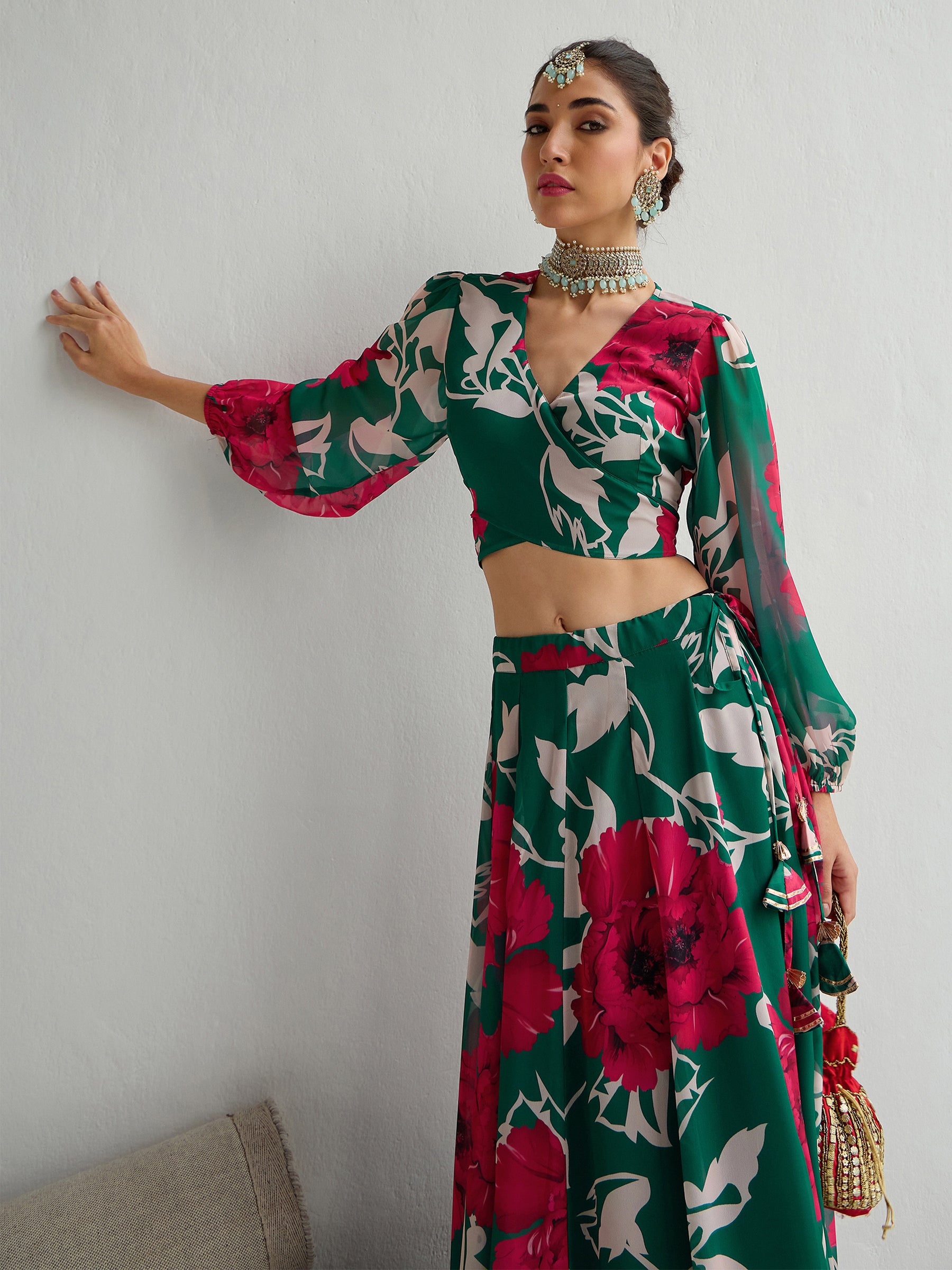 Women Green & Red Floral Wrap Top With Anarkali Skirt