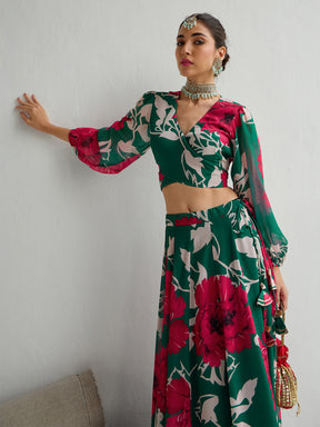 Women Green & Red Floral Wrap Top With Anarkali Skirt