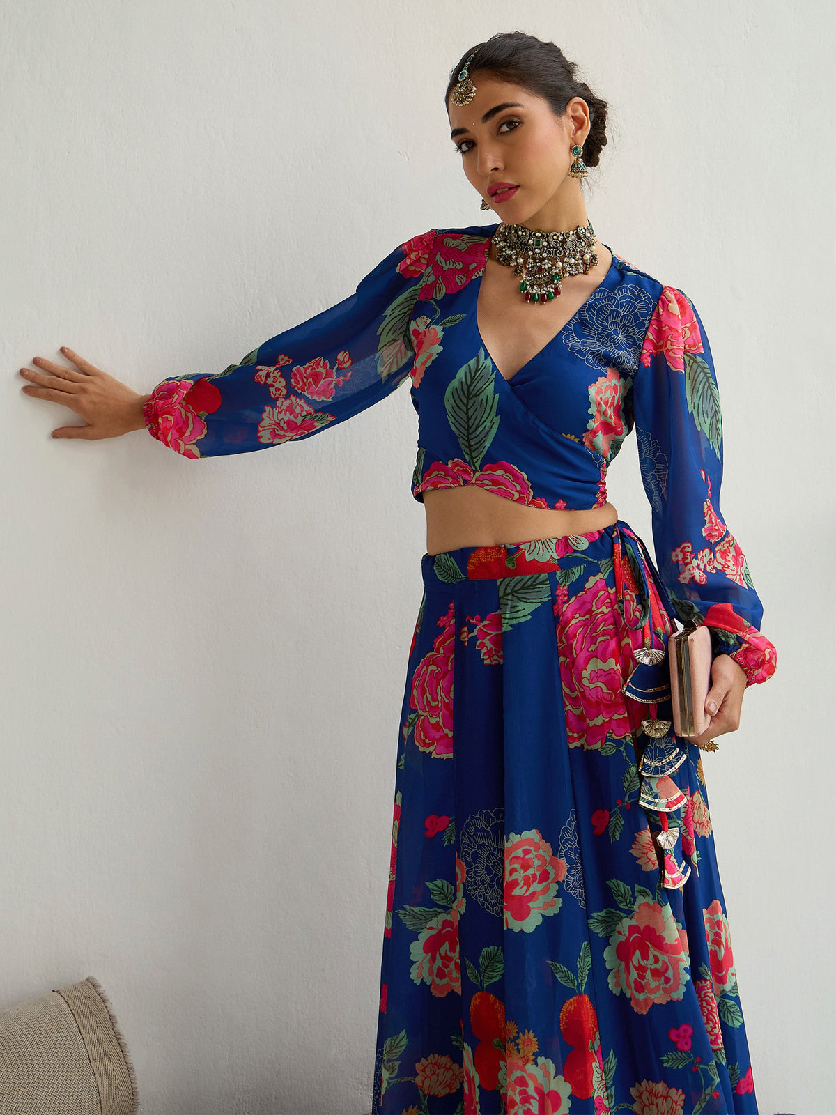 Navy & Red Floral Wrap Top With Anarkali Skirt -Shae by SASSAFRAS