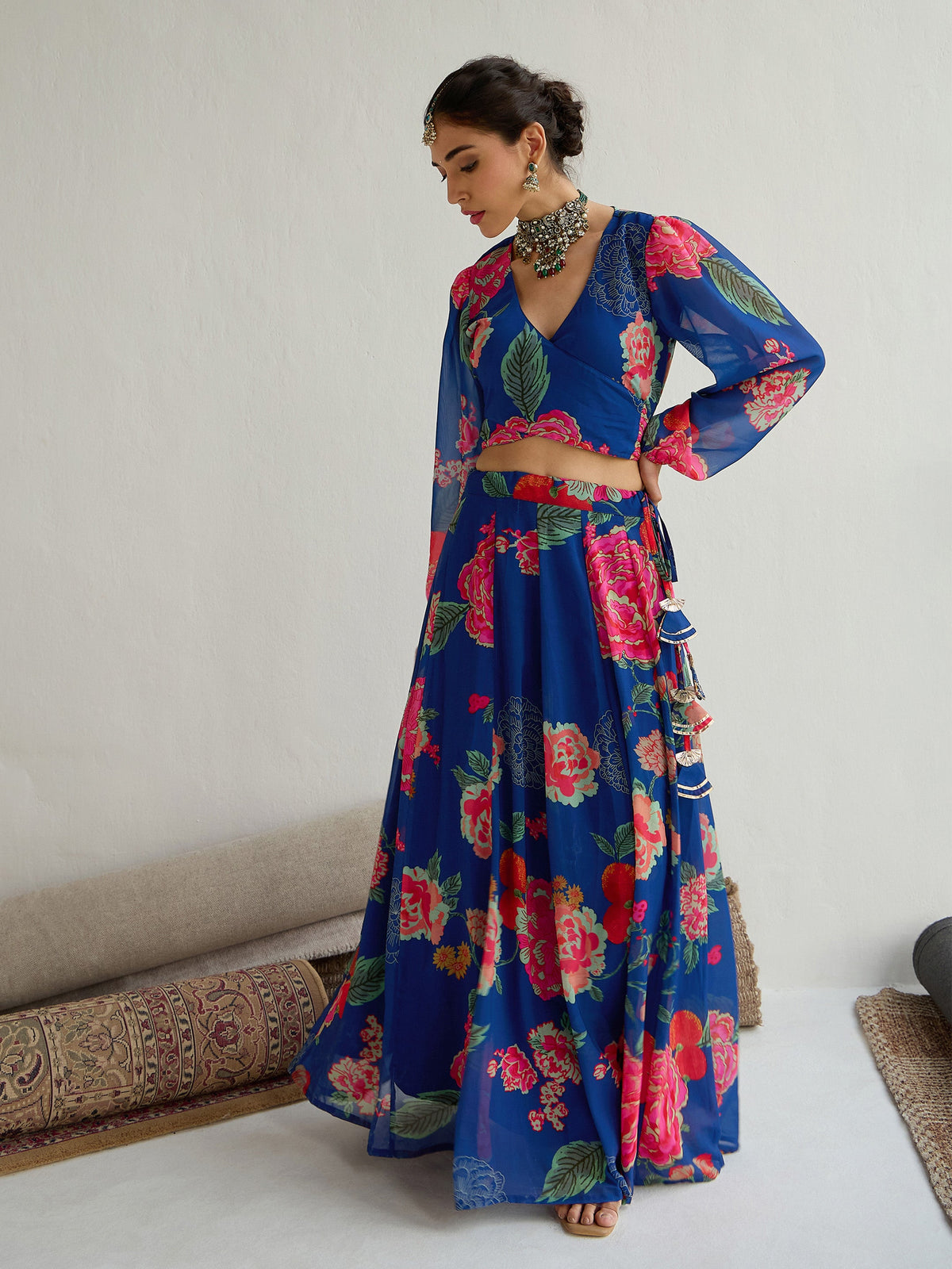 Navy & Red Floral Wrap Top With Anarkali Skirt -Shae by SASSAFRAS